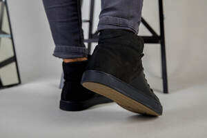 Ботинки мужские кожаные черные с вставкой нубука зимние