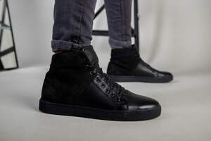 Ботинки мужские кожаные черные с вставкой нубука зимние