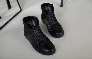 Ботинки мужские кожаные черные с вставкой нубука зимние