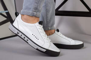 Кеды мужские кожа флотар белые, сквозная перфорация, на темной подошве