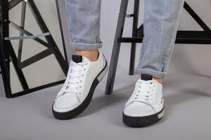 Кеды мужские кожа флотар белые, сквозная перфорация, на темной подошве