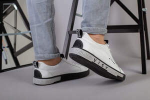 Кеды мужские кожа флотар белые, сквозная перфорация, на темной подошве