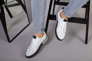 Кеды мужские кожа флотар белые, сквозная перфорация, на темной подошве