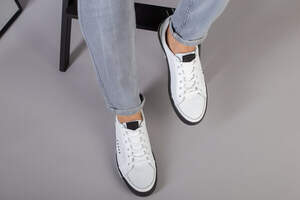 Кеды мужские кожа флотар белые, сквозная перфорация, на темной подошве