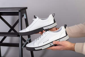 Кеды мужские кожа флотар белые, сквозная перфорация, на темной подошве