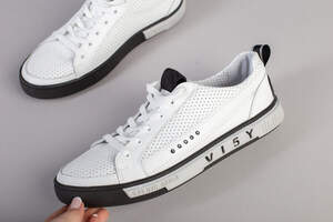 Кеды мужские кожа флотар белые, сквозная перфорация, на темной подошве