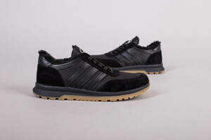 Кроссовки мужские кожаные черные с вставками замши, зимние