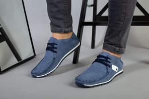 Мокасины мужские из нубука голубого цвета с белыми вставками, перфорация Мокасины мужские из нубука голубого цвета с белыми вставками, перфорация