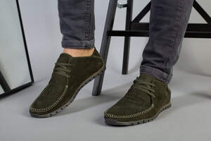 Мокасины мужские из нубука зеленого цвета, перфорация Мокасины мужские из нубука зеленого цвета, перфорация