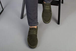 Мокасины мужские из нубука зеленого цвета, перфорация Мокасины мужские из нубука зеленого цвета, перфорация