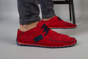 Мокасины мужские из нубука красные, перфорация Мокасины мужские из нубука красные, перфорация