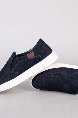 Мокасины мужские из нубука синего цвета с перфорацией Мокасины мужские из нубука синего цвета с перфорацией