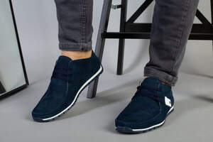 Мокасины мужские из нубука синие с белыми вставками, перфорация Мокасины мужские из нубука синие с белыми вставками, перфорация