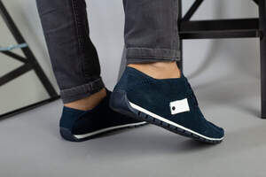 Мокасины мужские из нубука синие с белыми вставками, перфорация Мокасины мужские из нубука синие с белыми вставками, перфорация