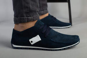 Мокасины мужские из нубука синие с белыми вставками, перфорация Мокасины мужские из нубука синие с белыми вставками, перфорация