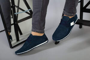 Мокасины мужские из нубука синие с белыми вставками, перфорация Мокасины мужские из нубука синие с белыми вставками, перфорация