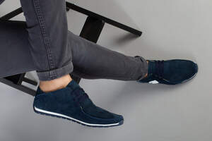 Мокасины мужские из нубука синие с белыми вставками, перфорация Мокасины мужские из нубука синие с белыми вставками, перфорация