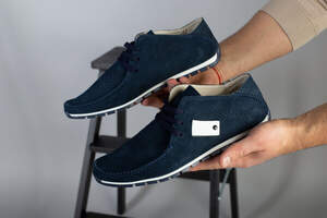 Мокасины мужские из нубука синие с белыми вставками, перфорация Мокасины мужские из нубука синие с белыми вставками, перфорация