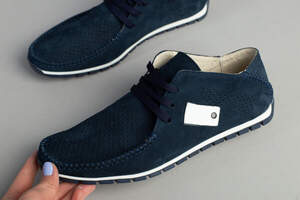 Мокасины мужские из нубука синие с белыми вставками, перфорация Мокасины мужские из нубука синие с белыми вставками, перфорация