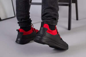 Черные кроссовки для мальчика с кожи и замши с вставкой красного текстиля Черные кроссовки для мальчика с кожи и замши с вставкой красного текстиля